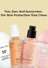 Three skincare products with text about sun protection on a beige background