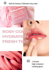 Lip tint product with close-up of lips and text describing features