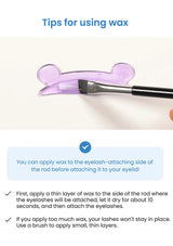 Eyelash application tool with brush and instructions on using wax for eyelashes.