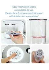 Home care machine with text highlighting ease of use and cost-saving benefits