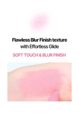Product advertisement with text about flawless blur finish texture and effortless glide, featuring a soft touch and blur finish.