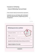 Cosnori Whitening Tone-up Cream packaging with certification details on a white background