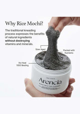 Arenicia black tea and tuzu cleanser with text explaining benefits of rice mochi kneading process.