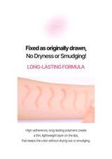 Product advertisement with text about a long-lasting lip formula on a white background.