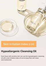 Cosmedo hypoallergenic cleansing oil with a Skin Irritation Index of 0.00 on a white background.