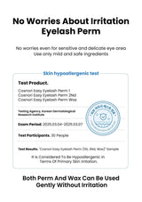 Cosmetology product information sheet for eyelash perm with test results and certification.