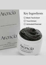 Arencia black tea and yuzu cleanser with key ingredients listed on a white background