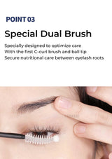 Person applying eyelash serum with a brush to their eye, text about special dual brush design.