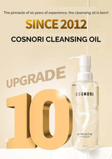 Cosnori cleansing oil bottle with promotional text on a beige background
