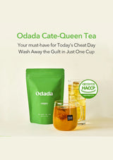 Odada Cate-Queen Tea package with a cup of tea on a light background