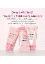 Three pink skincare products with text highlighting sales figures and product features.