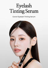 Model holding a Conori Eyelash Tinting Serum with text 'Eyelash Tinting Serum' above.