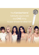 Promotional image of The Kardashians with a shower head and text about hair care.