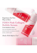 PDRN Pink Collagen Bubble Serum bottles on a white background with product description text.