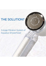 Aquaduo showerhead with text about a 3-stage filtration system on a white background