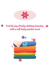 Stack of colorful baby clothes with a soft baby powder scent text on a white background