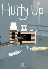 Bathroom setting with grooming products and text 'Hurry Up' and 'Shampoo'.