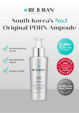 Rejuvenant cosmetic bottle with branding and product features on a white background