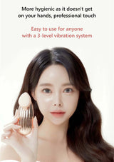 Woman holding a cosmetic product with text about its hygiene and ease of use.