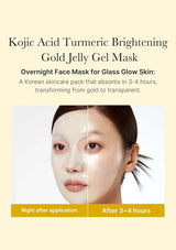 Kojic Acid Turmeric Brightening Gold Jelly Gel Mask advertisement showing before and after effects on skin.