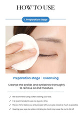 Instructions on how to use a product for eyelid cleansing with a close-up of a hand holding a cotton pad.