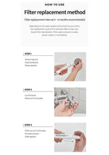 Instructions for filter replacement method with step-by-step guidance on a white background