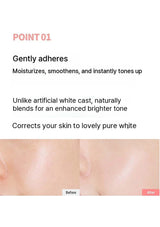 Product advertisement showing before and after effects on skin with text about product benefits.