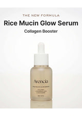 Arencia Rice Mucin Glow Serum bottle on a white background with text about the new formula and collagen booster.