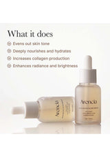 Two skincare bottles with text detailing their benefits on a white background