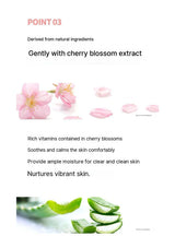 Product description card with cherry blossoms and aloe vera, highlighting natural ingredients.