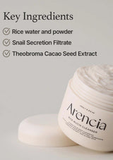 Arencia rice mucin cleanser with key ingredients listed on a gray background