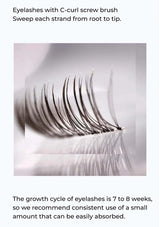 Eyelashes with C-curl screw brush on a reflective surface