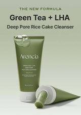 Arencia Green Tea + LHA Deep Pore Rice Cake Cleanser on a light green background