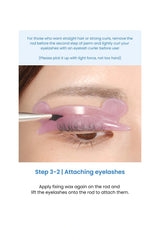 Eyelash curler being used on an eye with text instructions above.