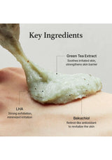 Skin with applied cream showing key ingredients labeled on a light gray background