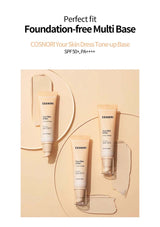 Cosnori skincare products on a beige background with text about a foundation-free multi base.