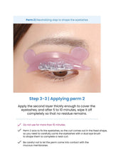 Eyelash perm application process with a pink tool on an eye, text instructions below.