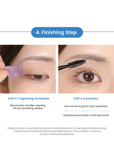 Instructions for using a dual-brush eyelash product with close-up images of applying the product.