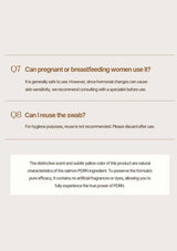 Product information card with questions and answers about use and reuse of a swab, on a beige background.