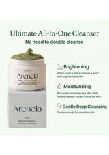 Arencia green cleanser jar with product description on a white background