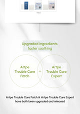 Advertisement for Artpe Trouble Care Patch and Expert with text about upgraded ingredients and faster soothing.