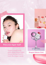 Product advertisement with a woman holding a lip product, a glass with a product, and text about 'Sugar Glaze Tint'.