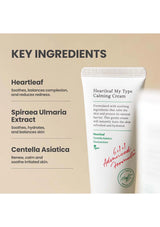 Tube of Heartleaf My Type Calming Cream with key ingredients listed on a beige background
