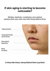 Advertisement for Honey Retinol Shot with a close-up of a person's face showing skin concerns.