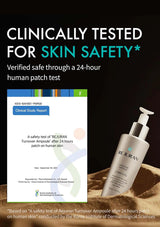 Rejuvenating skincare product with clinical study report on a dark background