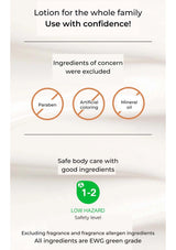 Product label for lotion with safety information and ingredient exclusions.