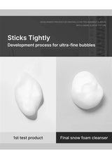 Comparison of a 1st test product and final snow foam cleanser with text on development process.