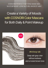 Cosnori mascara advertisement with text and an eye wearing the product.