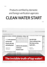 Advertisement for 'Clean Water Start' with text about tap water quality and certification by agencies.