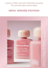 Pink lip potion bottle with 'Balmy Rose' branding on a pink background